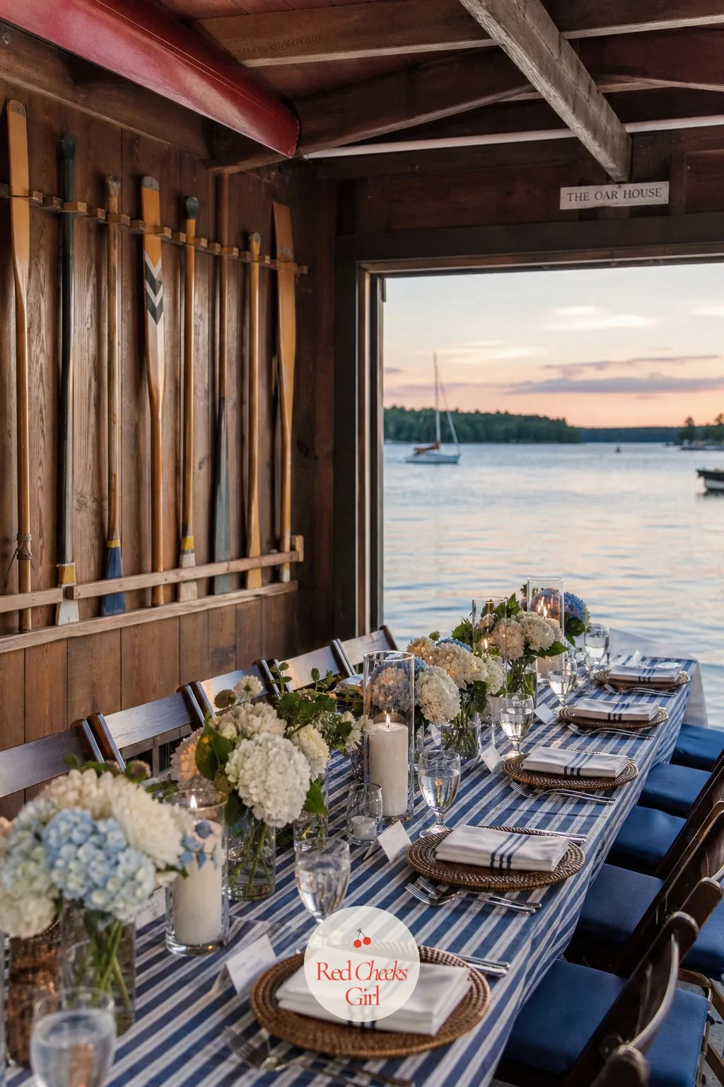 Boathouse Dinner at a Lake Club — Weathered timber walls, hanging rowing oars and a view straight out onto the water give a boathouse dinner its character