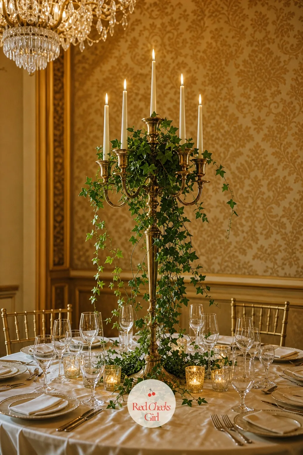 Brass Candelabra with Trailing Greenery — A long table in a grand room can swallow anything low and small, so this is the one place height earns its keep.
