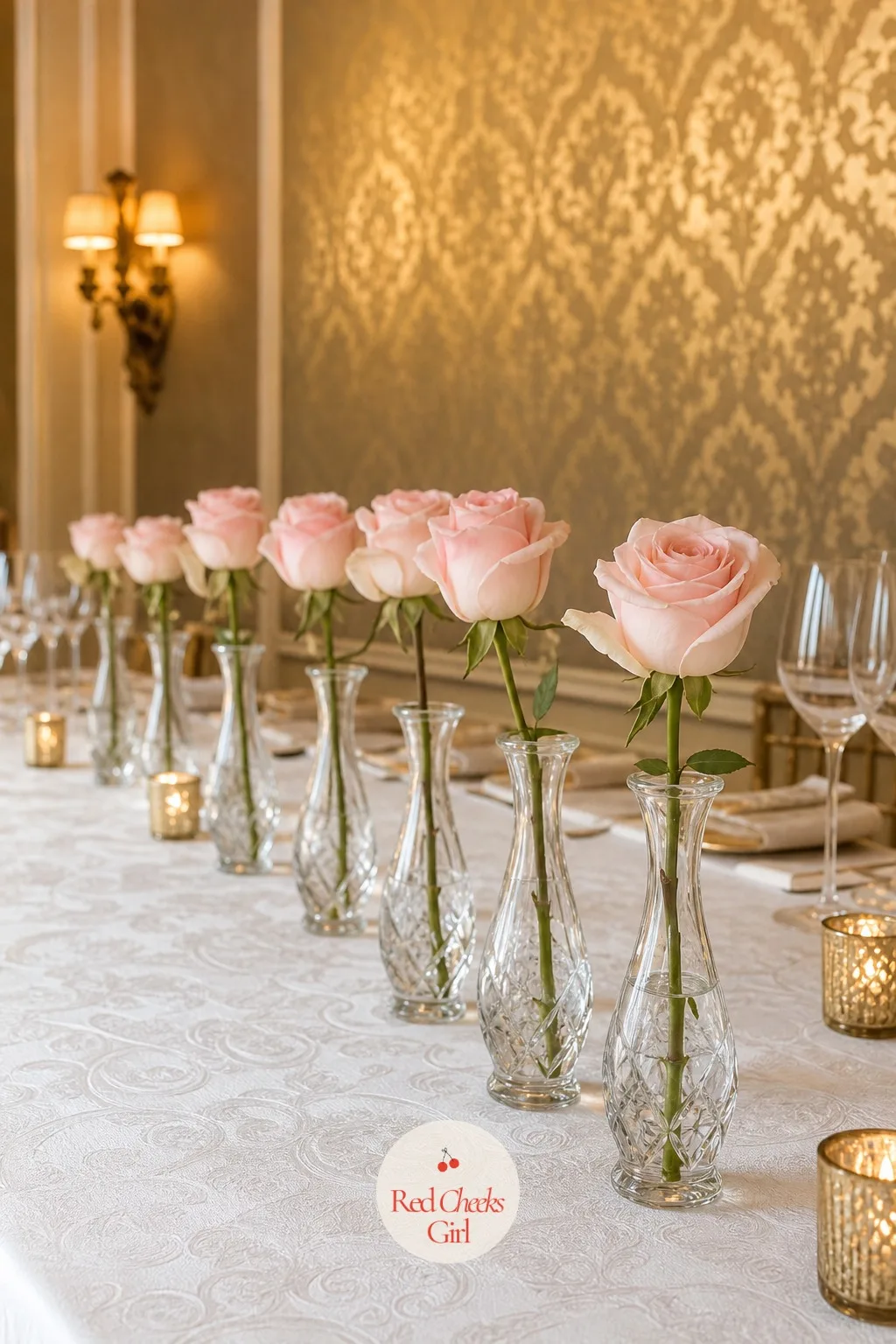 Bud Vases in a Row — A single trophy-sized arrangement down the middle of a long table blocks half the guests from the other half, and nobody wants to crane