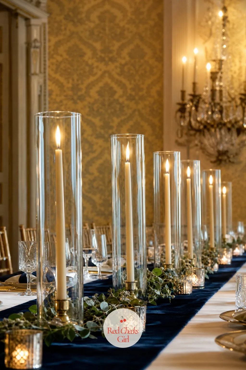 Candles in Hurricanes — Bare tapers worry a lot of hosts: one draft and wax ends up on the cloth. Rehearsal dinner centerpieces