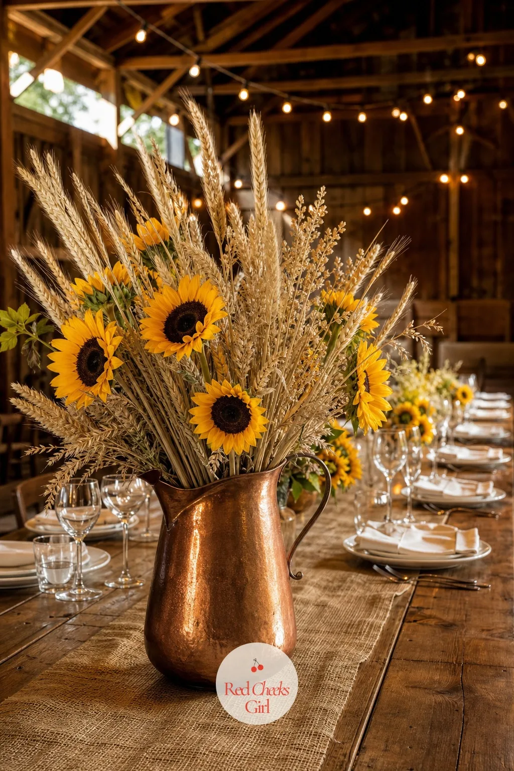Dried Wheat and Sunflowers in a Copper Pitcher for Summer — Late summer sits between the easy abundance of wildflower season and the first pumpkins of fall
