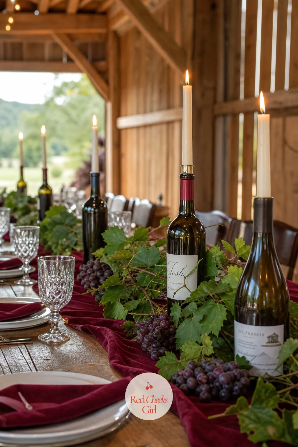 Grapevine and Wine Bottles — A vineyard or wine-themed dinner deserves a table that looks like it grew out of the setting rather than one trucked in from a