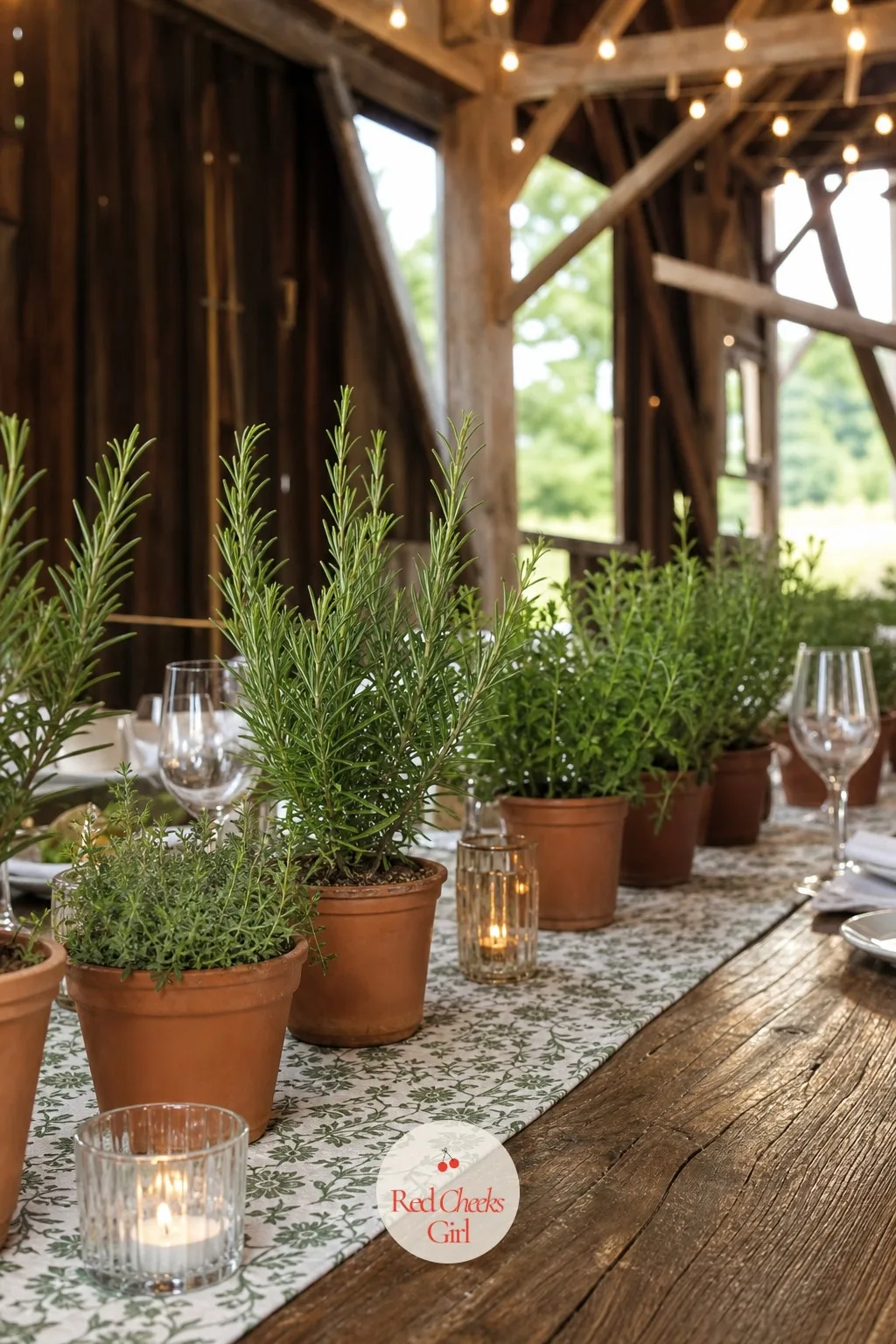 Herbs in Pots — A barn table lined with store-bought flowers can feel like it is trying too hard against raw wood beams. Rehearsal dinner centerpieces