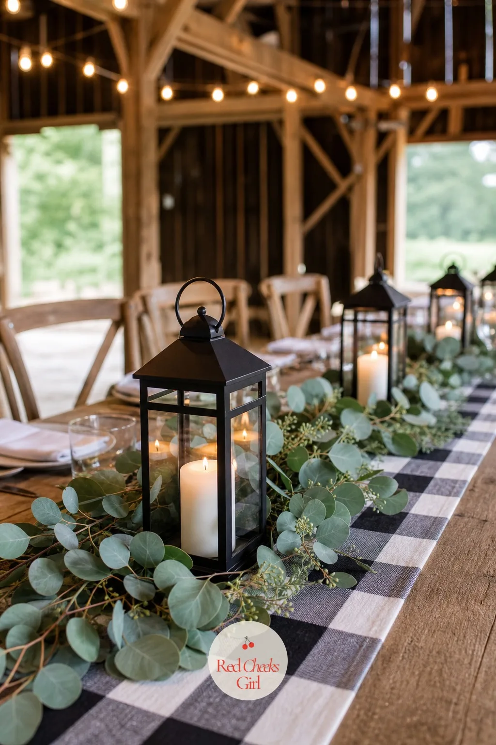 Lanterns with Greenery — A barn already strung with fairy lights does not need tall arrangements fighting the wood beams overhead. Rehearsal dinner centerpieces