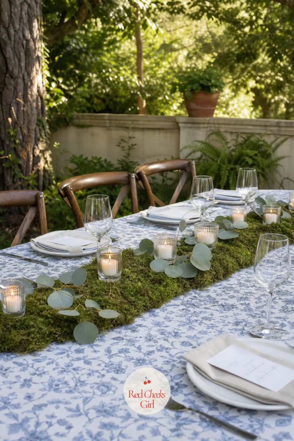 Moss Runner with Votives and Eucalyptus — A woodland feel can tip into looking too rough-hewn if it leans entirely on bark and branches. Rehearsal dinner