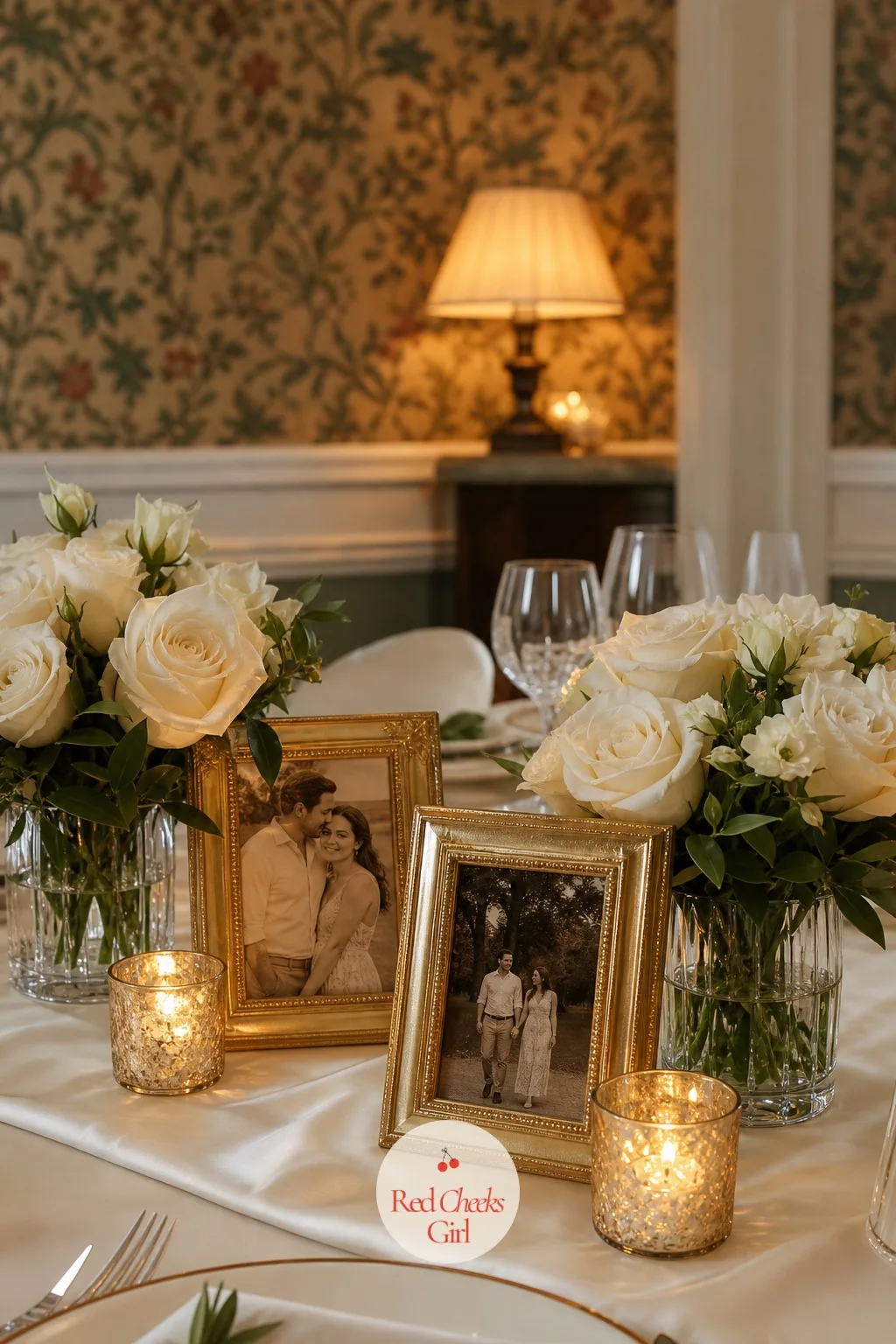 Photo Frames of the Couple with Flowers — Flowers alone do not tell anyone at the table why they are there. Rehearsal dinner centerpieces