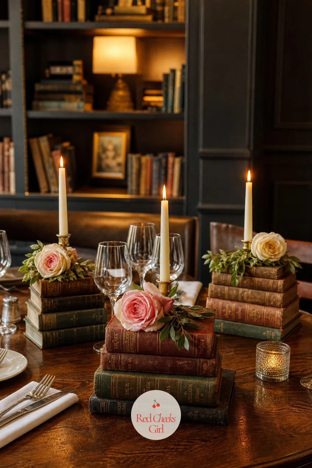 Stacked Vintage Books with a Flower and a Candle — A restaurant room lined with bookshelves already has a story to lean into, and flowers alone waste it.