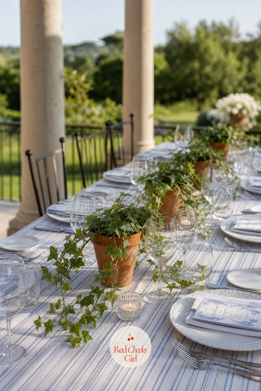 Terra Cotta Pots of Trailing Ivy — Cut flowers wilt fast on a hot terrace, and nobody wants to watch roses droop through dessert. Rehearsal dinner centerpieces