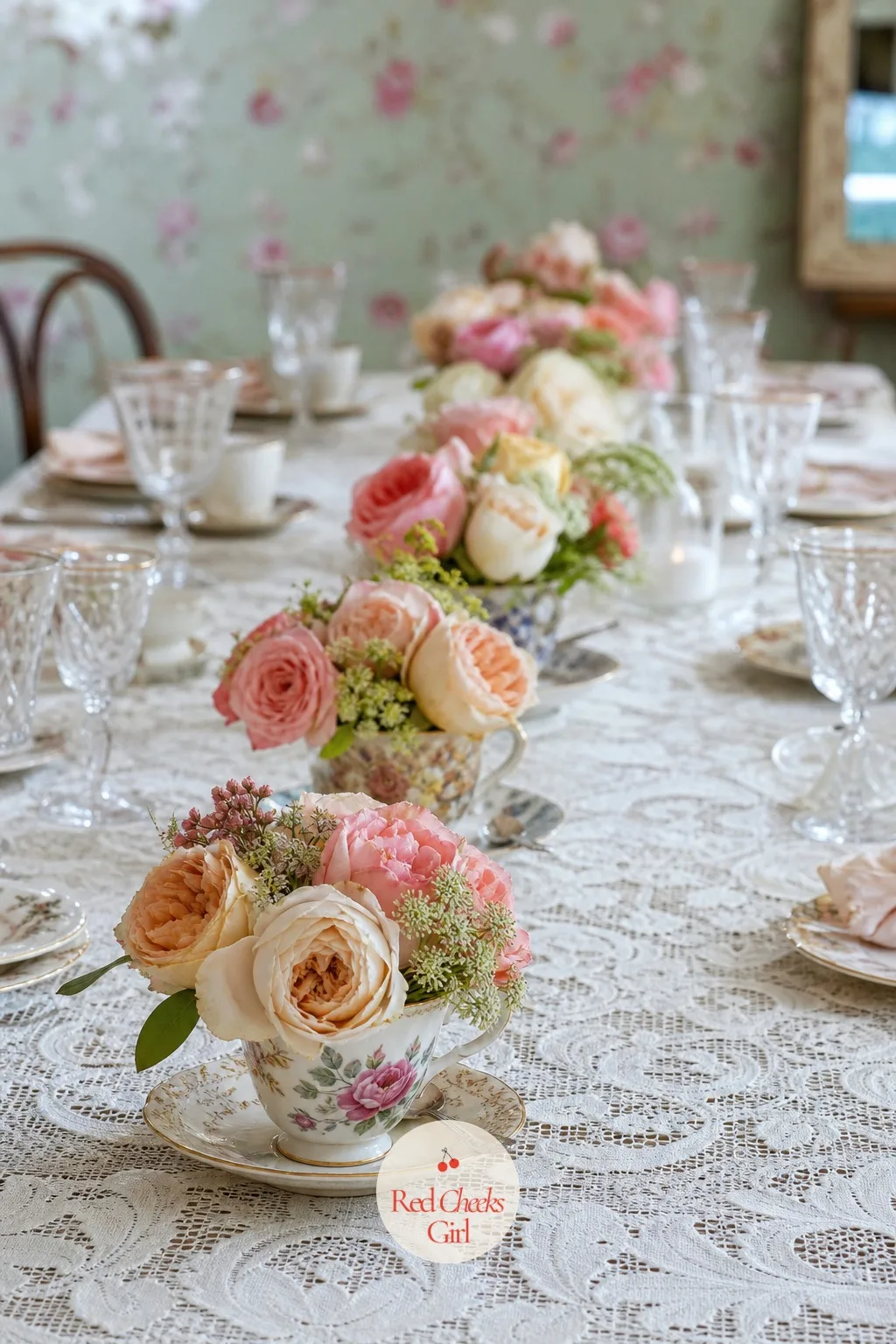 Vintage Teacups Filled with Garden Roses — A grandmother's hand-me-down china rarely gets used for anything but tea, and a rehearsal dinner is the right excuse