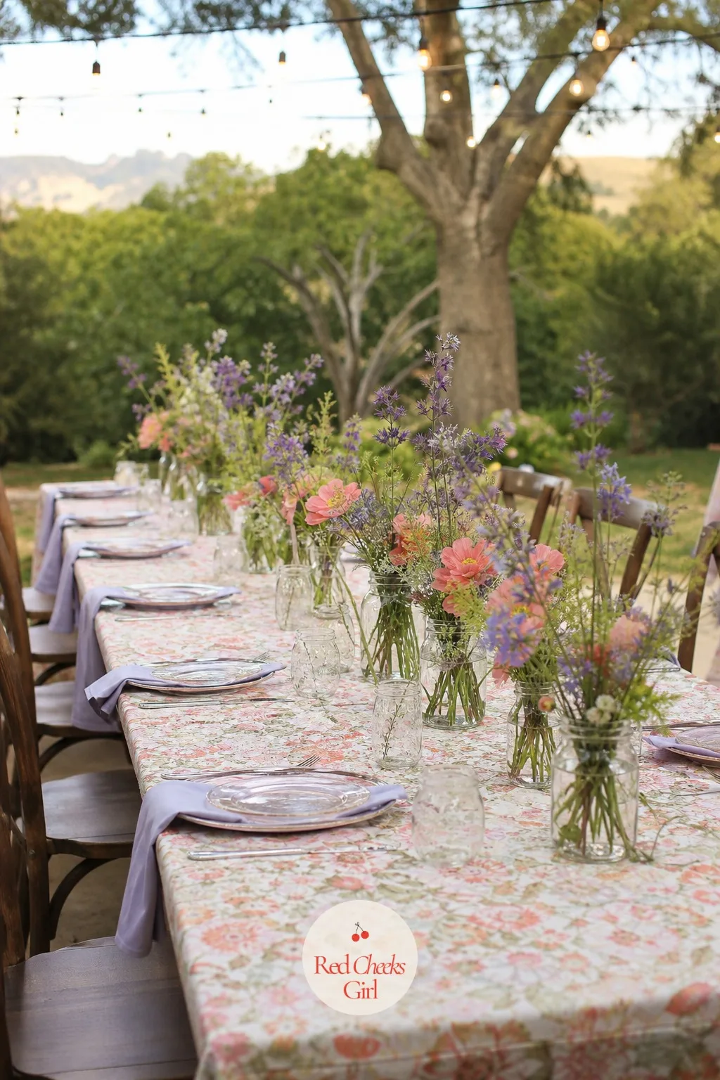 Wildflowers in Jars — A garden venue already looks undone and lovely, so anything too tidy on the table fights the setting. Rehearsal dinner centerpieces
