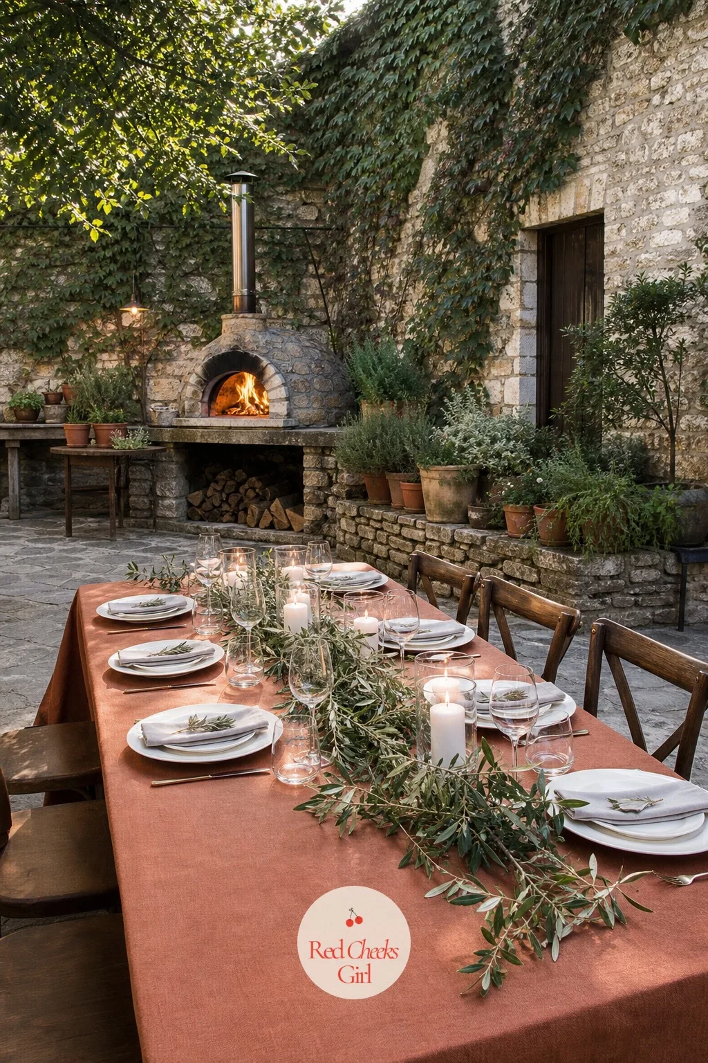 Courtyard Dinner at a Tuscan-Style Trattoria — Stone walls, climbing ivy and a wood-fired oven glowing in the corner of the courtyard make this feel like