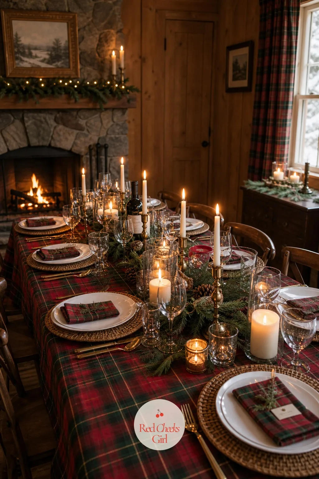 Cozy Winter Dinner With Candles and Plaid — A fireplace going, a table dressed in red and green plaid cloth, and candles clustered down the center turn a cold