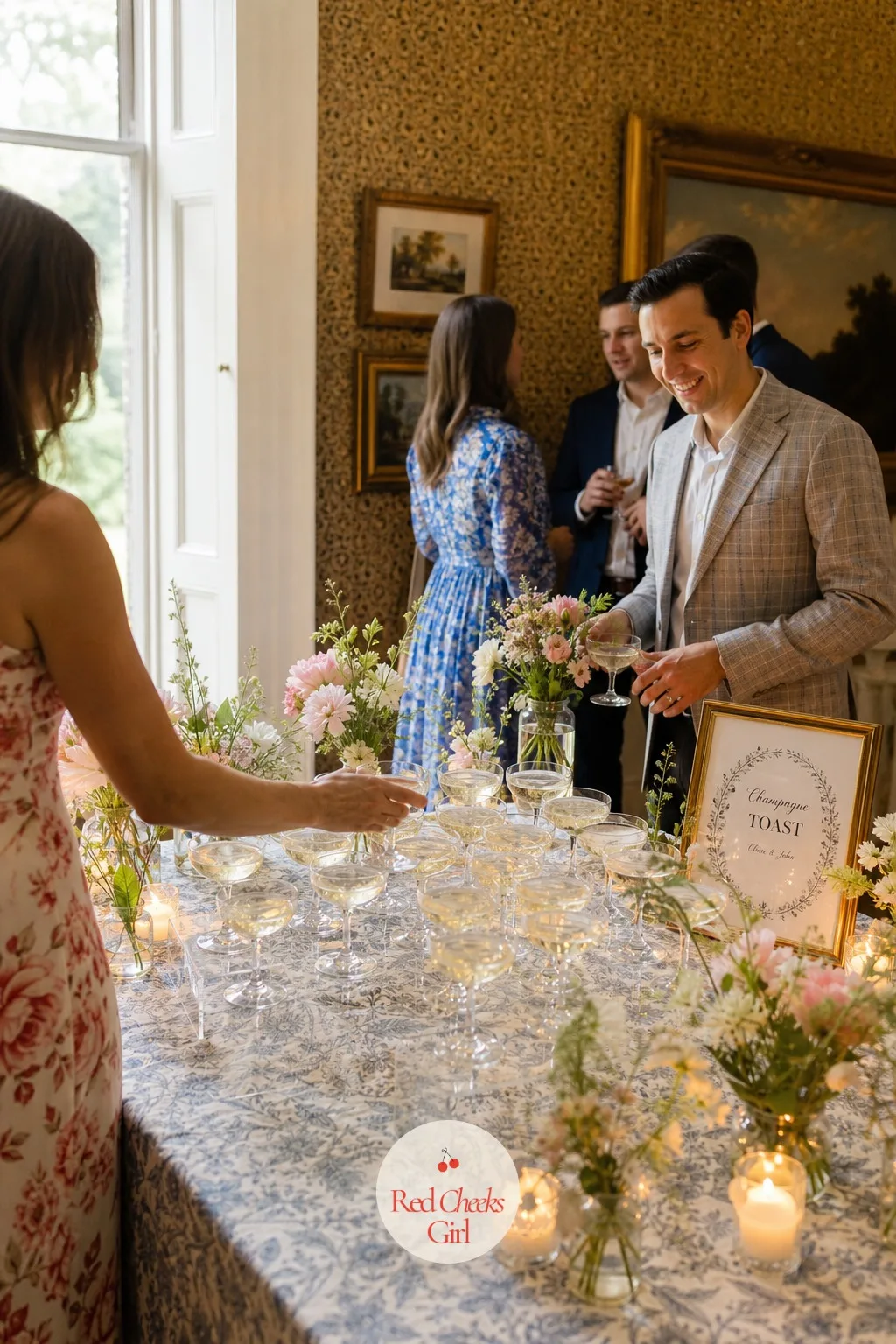 A Champagne Toast Station Dressed With Flowers — Glasses lined up on a bare tray look like something left over from catering, not part of the evening's design.