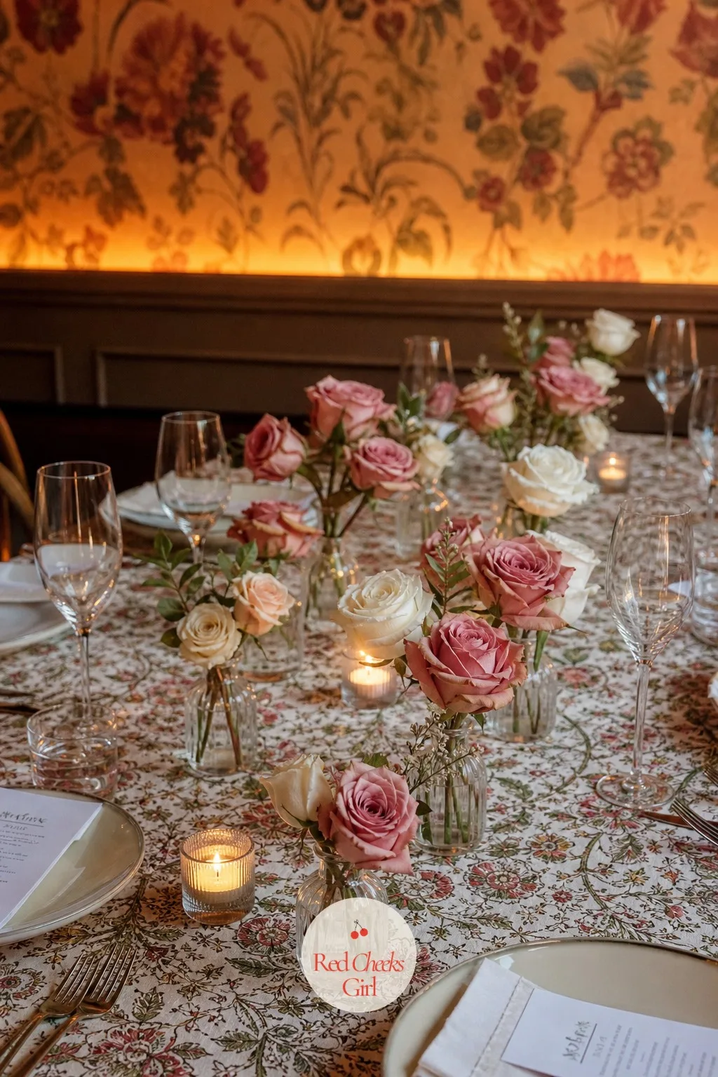 A Cluster Of Bud Vases With Garden Roses — One large arrangement in the middle of a narrow restaurant table often gets in the way of the bread basket.