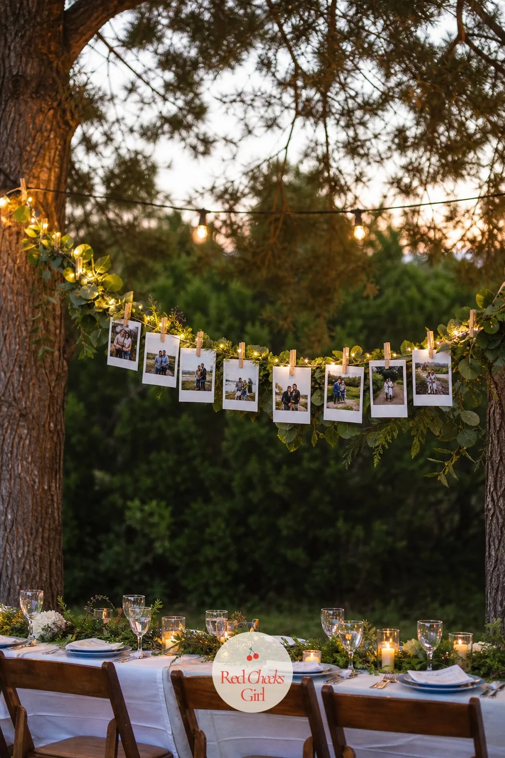 Engagement Photos Clipped Along A Garland — A formal photo wall feels like too much for a backyard or garden dinner. Rehearsal dinner decorations