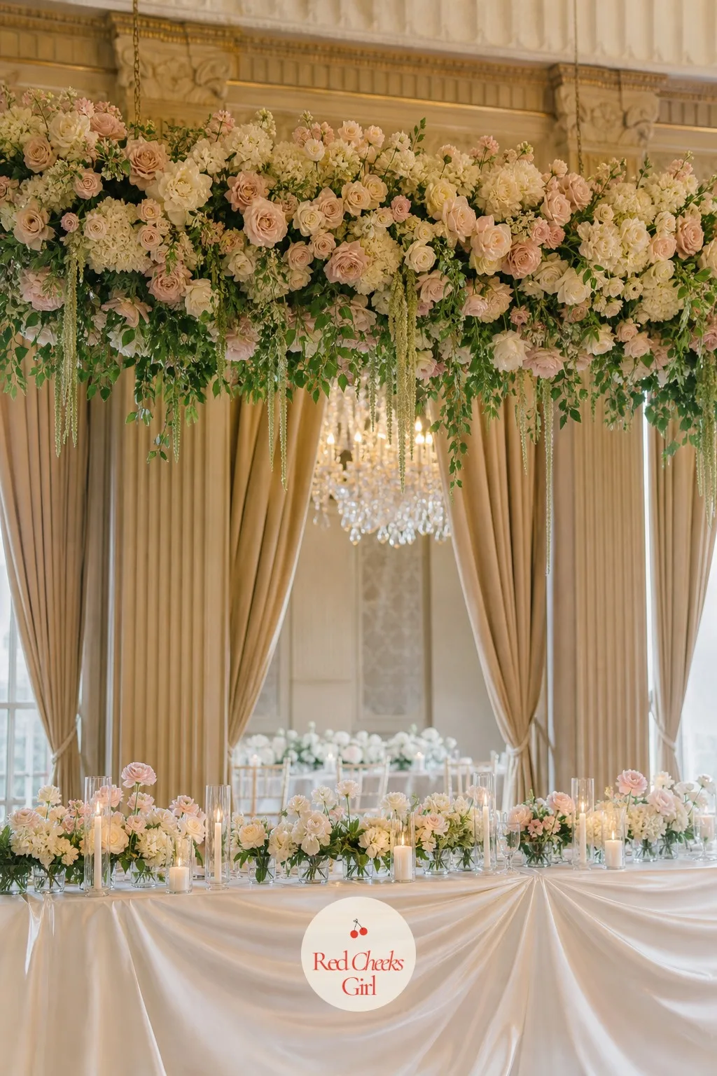 A Floral Chandelier Hung Above The Head Table — A head table under a bare ceiling looks like an afterthought next to everything set below it. Rehearsal dinner