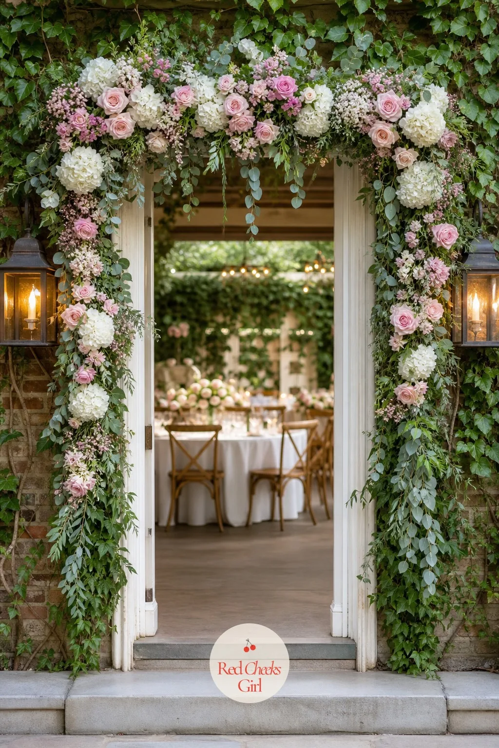 A Floral Garland Framing The Entrance — Guests remember the doorway before they remember the table. Rehearsal dinner decorations