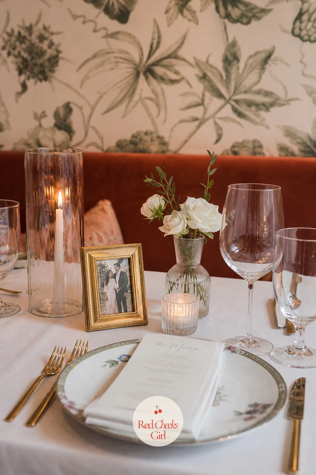 A Framed Photo At Every Place Setting — A display across the room means half the table never actually looks at it closely. Rehearsal dinner decorations
