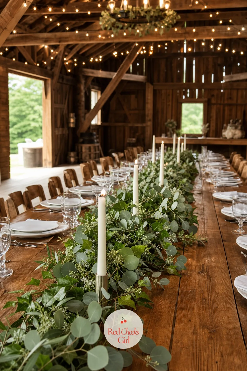 A Greenery Runner Down The Center Of The Table — A bare table down the middle looks unfinished even with plates set at every chair. Rehearsal dinner decorations