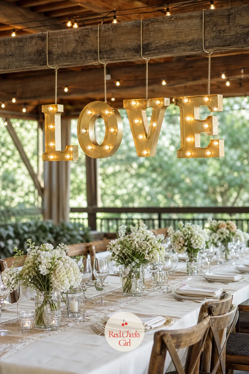 Hanging Letters Spelling A Short Word Above The Table — A long table under a bare beam has a lot of empty space above it that nobody thinks to fill. Rehearsal