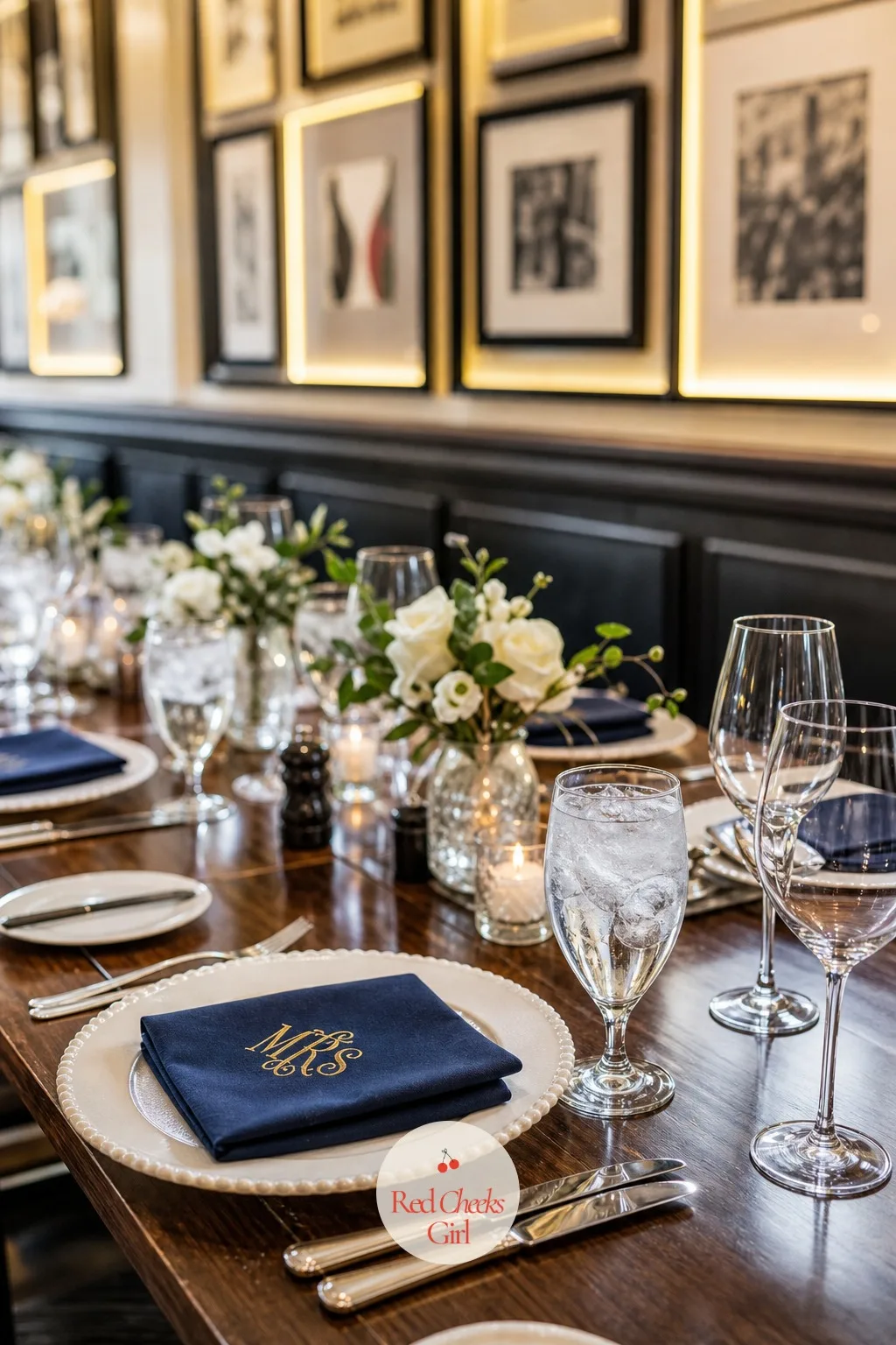 Monogram Napkins At Each Place Setting — A folded napkin with nothing on it is just laundry. Rehearsal dinner decorations
