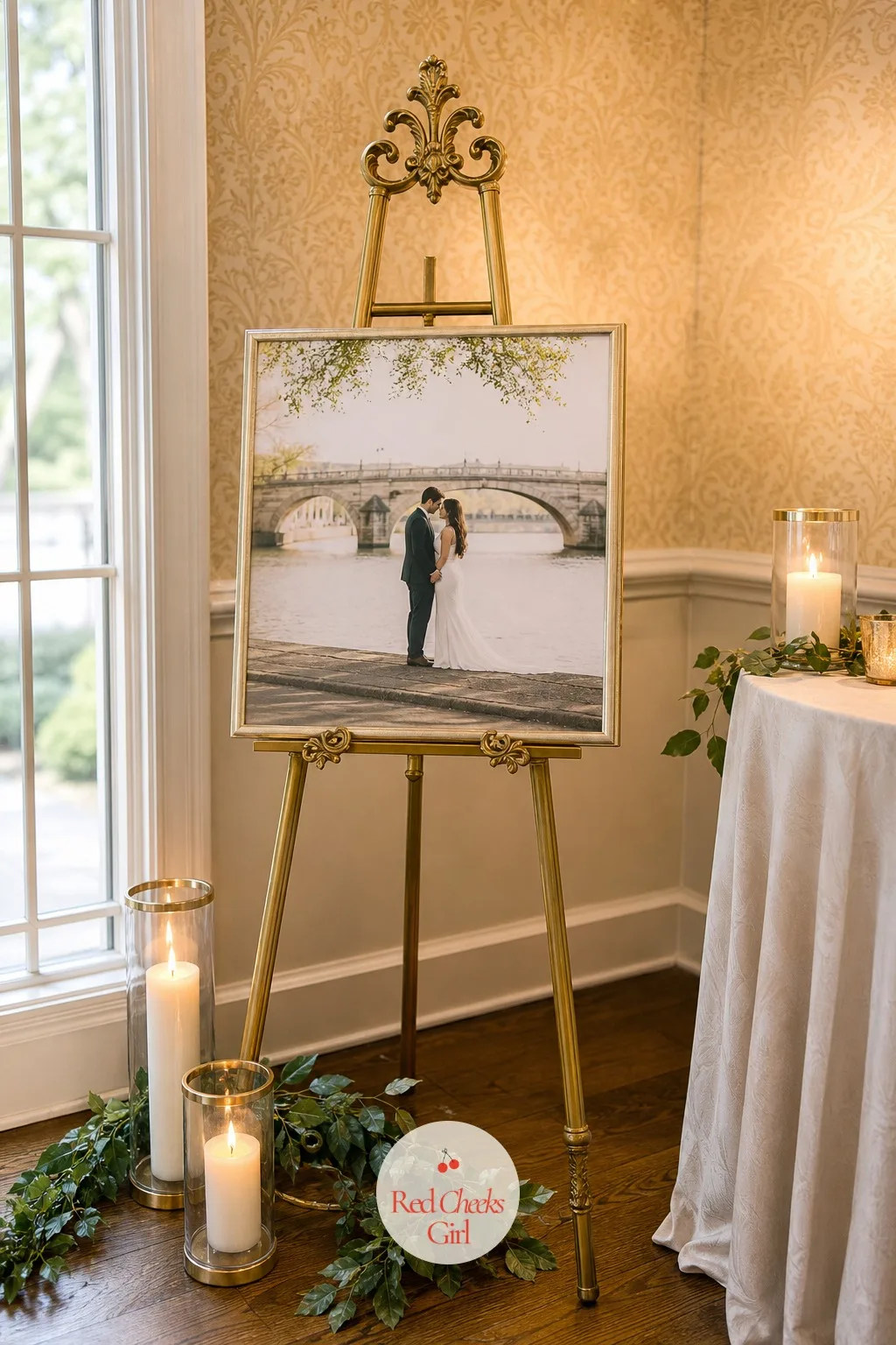 A Photo Display Of The Couple On An Easel — A room full of strangers from both sides of the family needs one thing everyone can point at and smile about