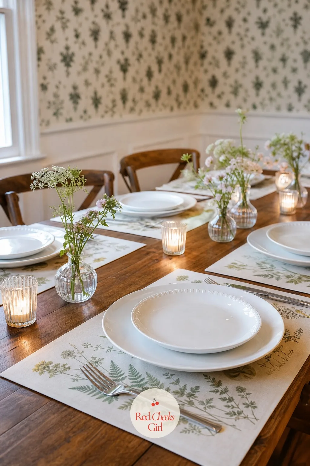 A Pressed Botanical Place Mat At Each Setting — A plain white plate on a plain cloth can look a little clinical under restaurant lighting. Rehearsal dinner