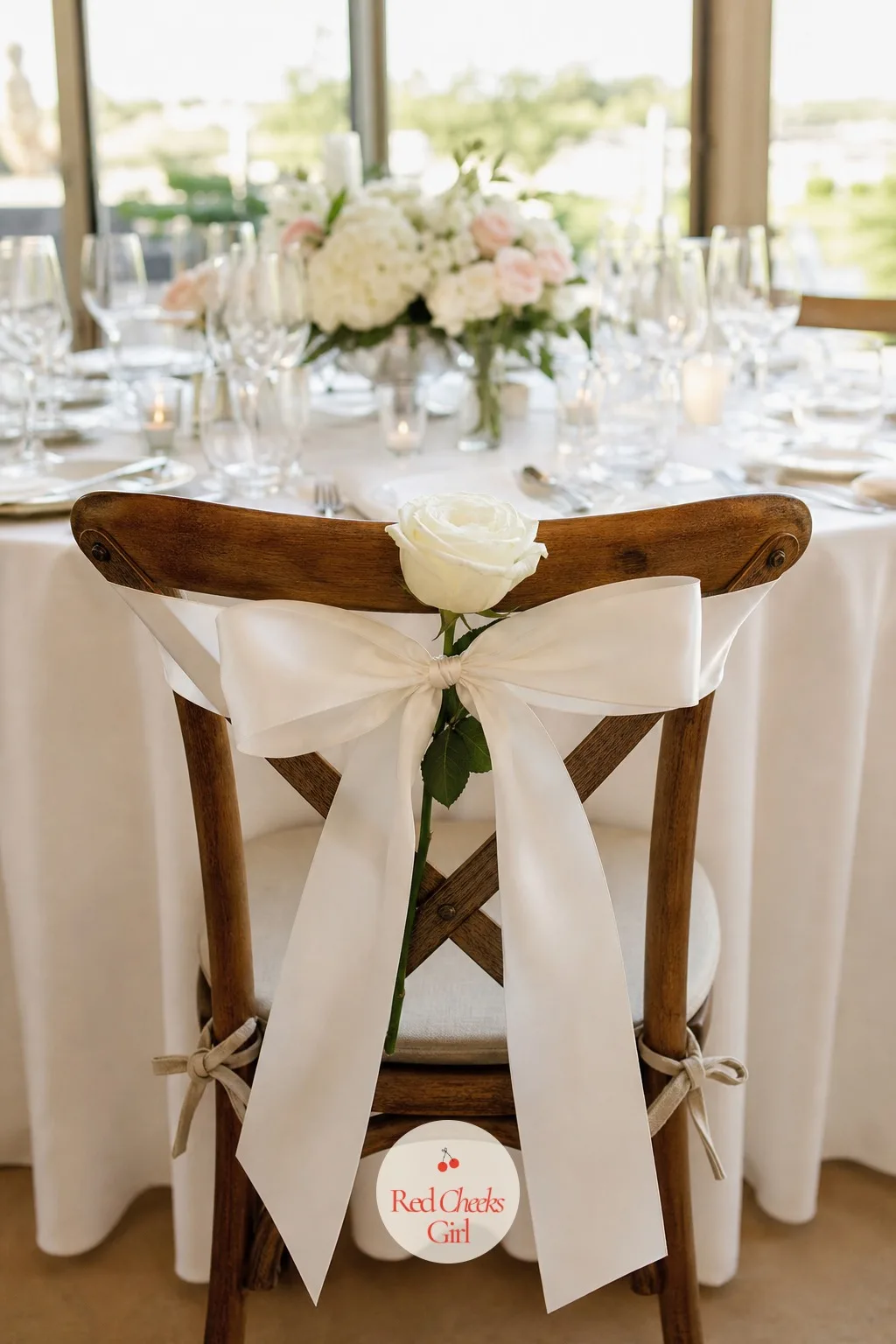 A Ribbon Wrapped Chair Back With A Single Stem — Rows of plain chairs around a beautifully dressed table can undercut the whole effort. Rehearsal dinner
