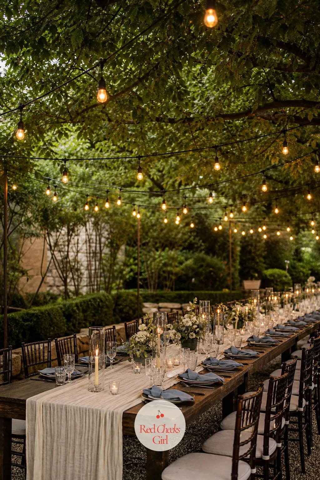 String Lights Over A Long Table — A bare long table under bare ceiling always looks unfinished, no matter how good the food is. Rehearsal dinner decorations