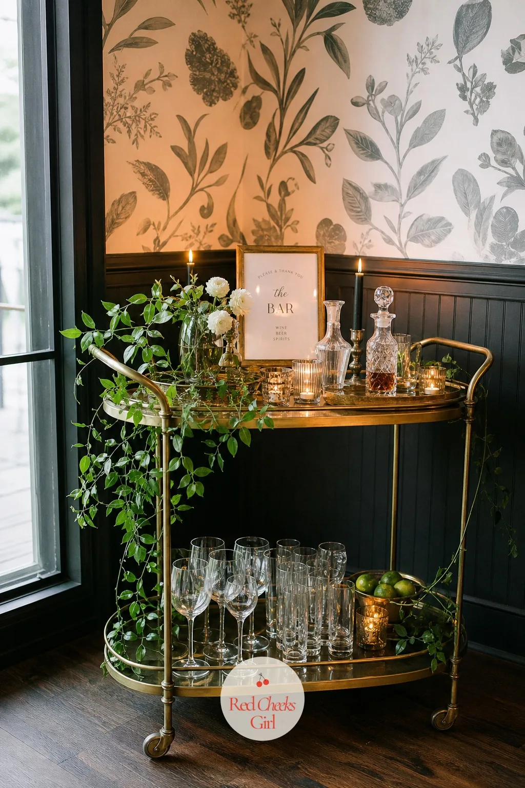 A Styled Bar Cart With Candles And Greenery — A folding table with bottles on it looks like a leftover from setup, not part of the decor. Rehearsal dinner