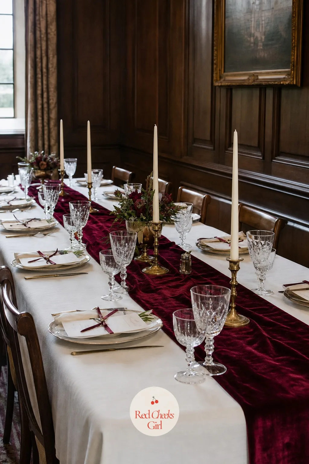 A Velvet Table Runner Down A Banquet Table — A plain ivory cloth on its own can read flat under restaurant lighting. Rehearsal dinner decorations