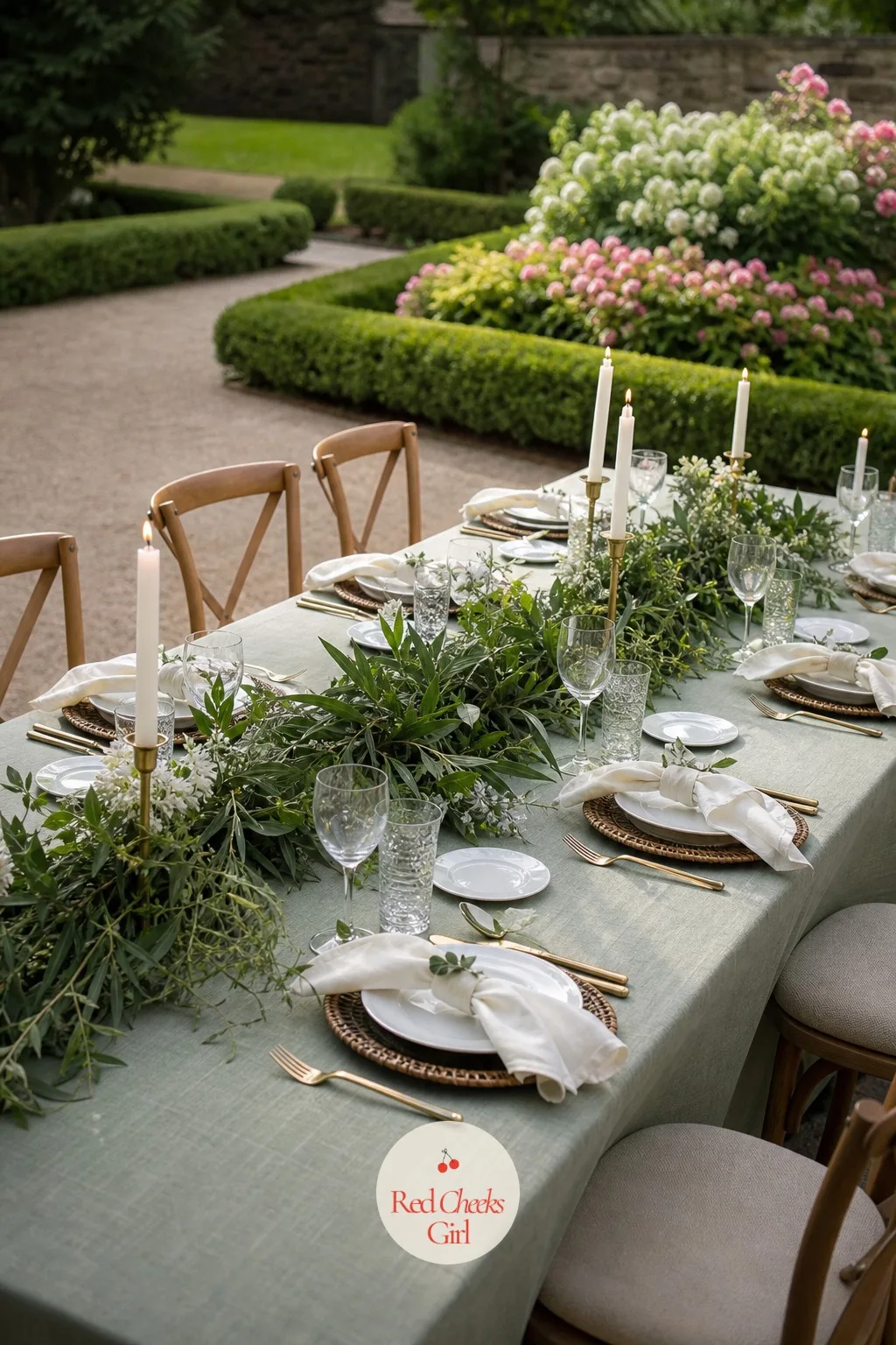 Garden Dinner Party — A table set among real flower beds and trimmed hedges looks finished with almost no effort: a pale green cloth, a loose runner of