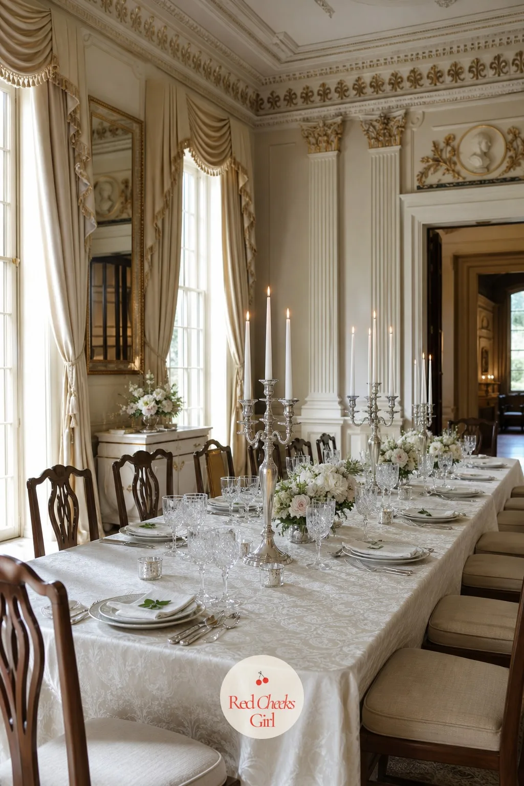 Historic Mansion Dinner — Ornate molding, oil paintings and tall draped windows already furnish the room before you add a single flower, so the table can stay
