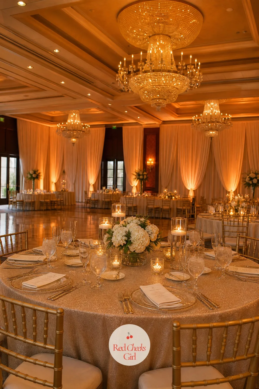 Hotel Ballroom Dinner With Uplighting — A ballroom already has the chandeliers and the drapery, so a round of colored uplighting along the walls and a single