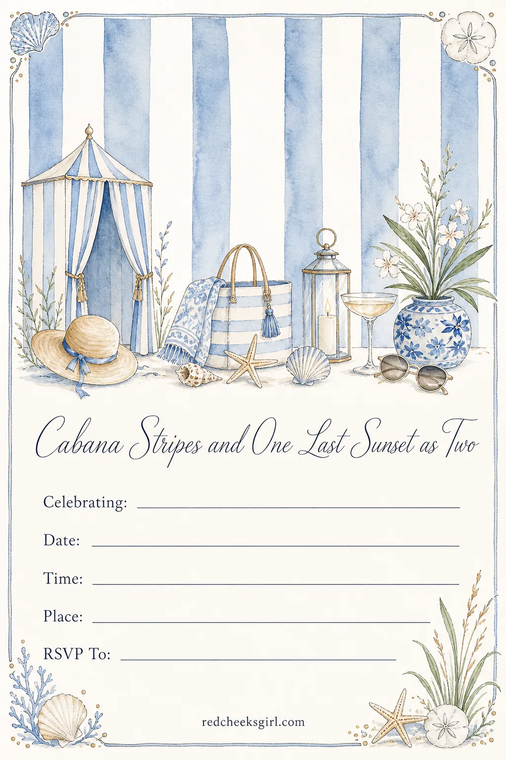 The Beach Club Invitation printable sheet — If the rehearsal dinner happens anywhere near water, cabana stripes do more work than a plain card ever could.