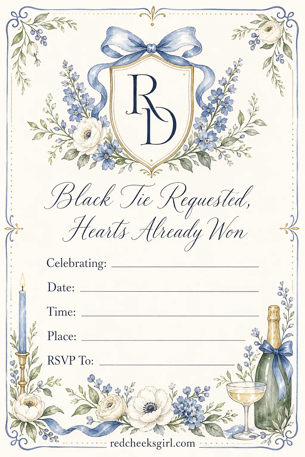 The Black Tie Invitation printable sheet — Black tie on the invitation means black tie at the table, so use this one only when you mean it. Rehearsal dinner