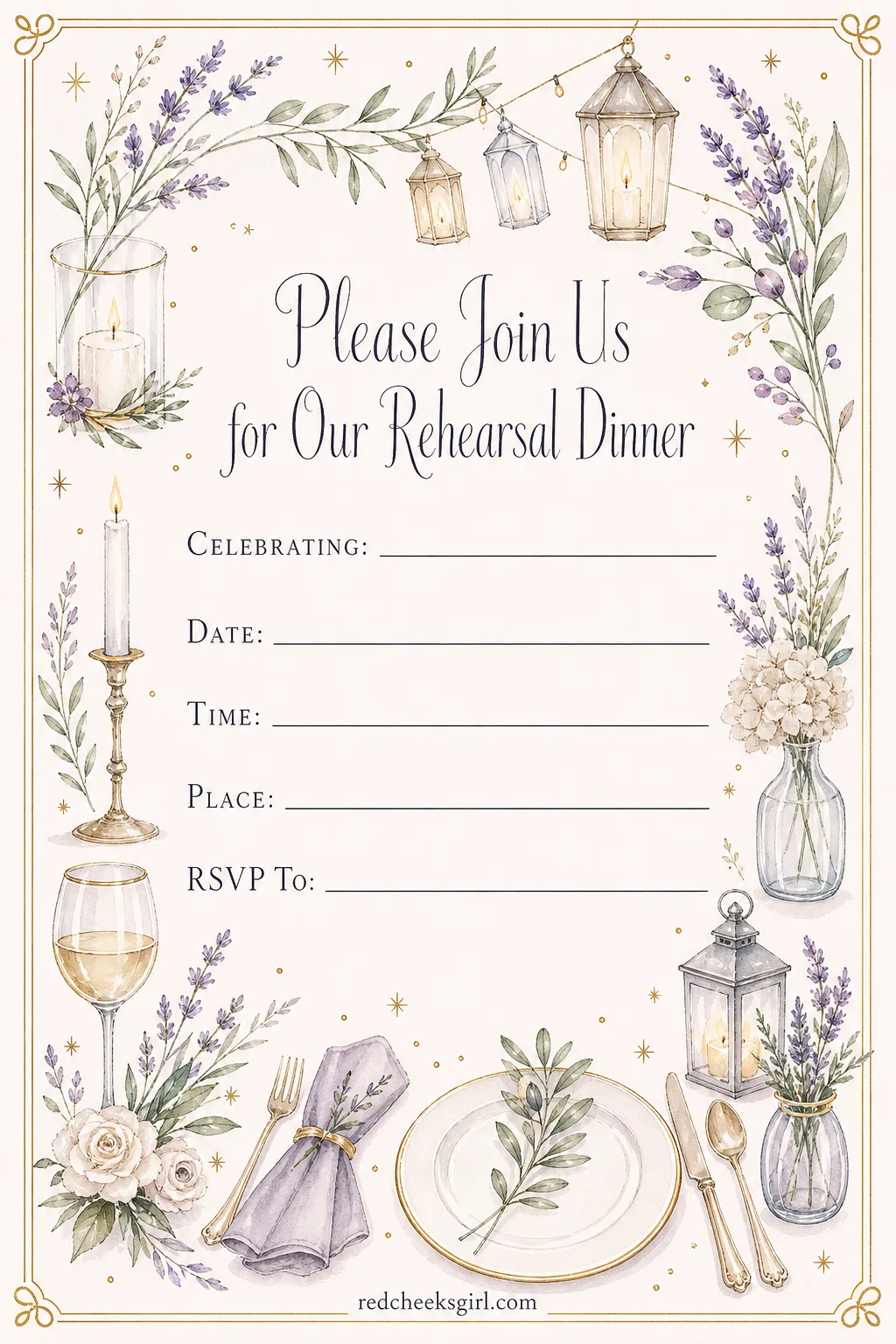 The Classic Serif Invitation printable sheet — A formal wedding keeps a formal supper, and this one speaks the same quiet language, gold edge included.