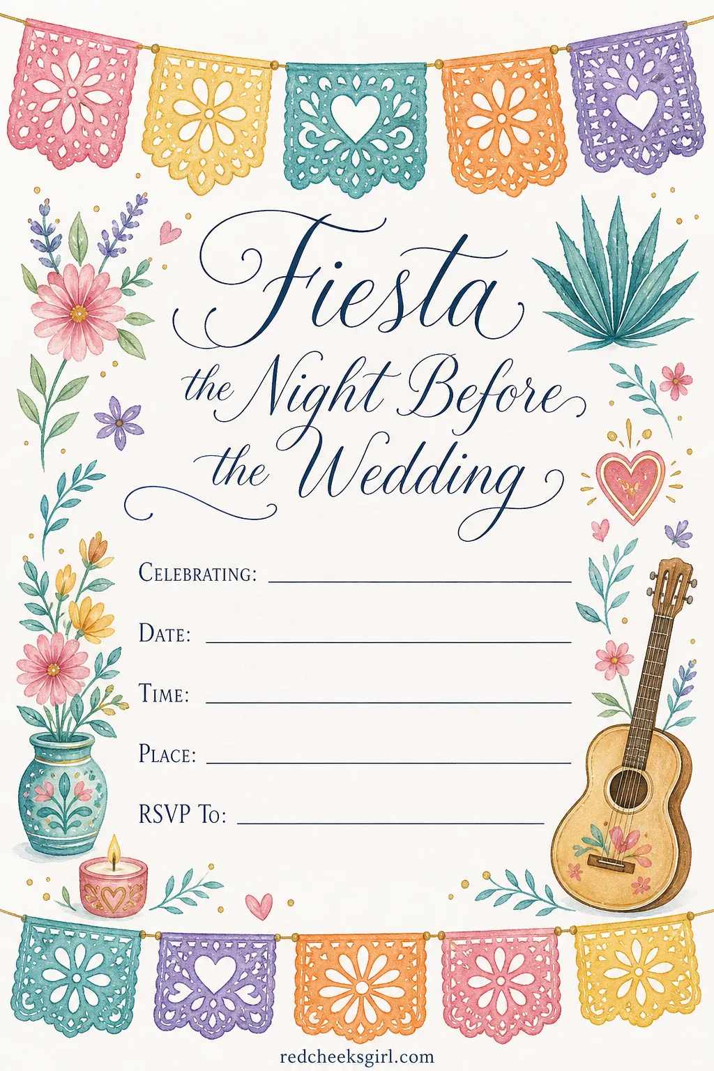 The Fiesta Invitation printable sheet — A fiesta rehearsal dinner wants color before anyone orders a margarita, and papel picado style cut paper does that on