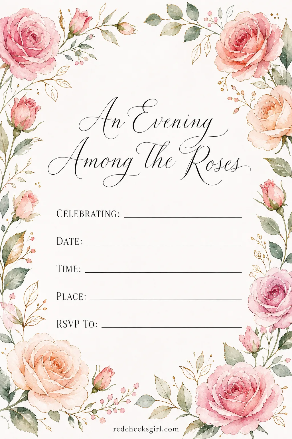 The Garden Party Invitation printable sheet — Not every rehearsal dinner needs a tent, but a garden one wants flowers somewhere besides the centerpieces, and