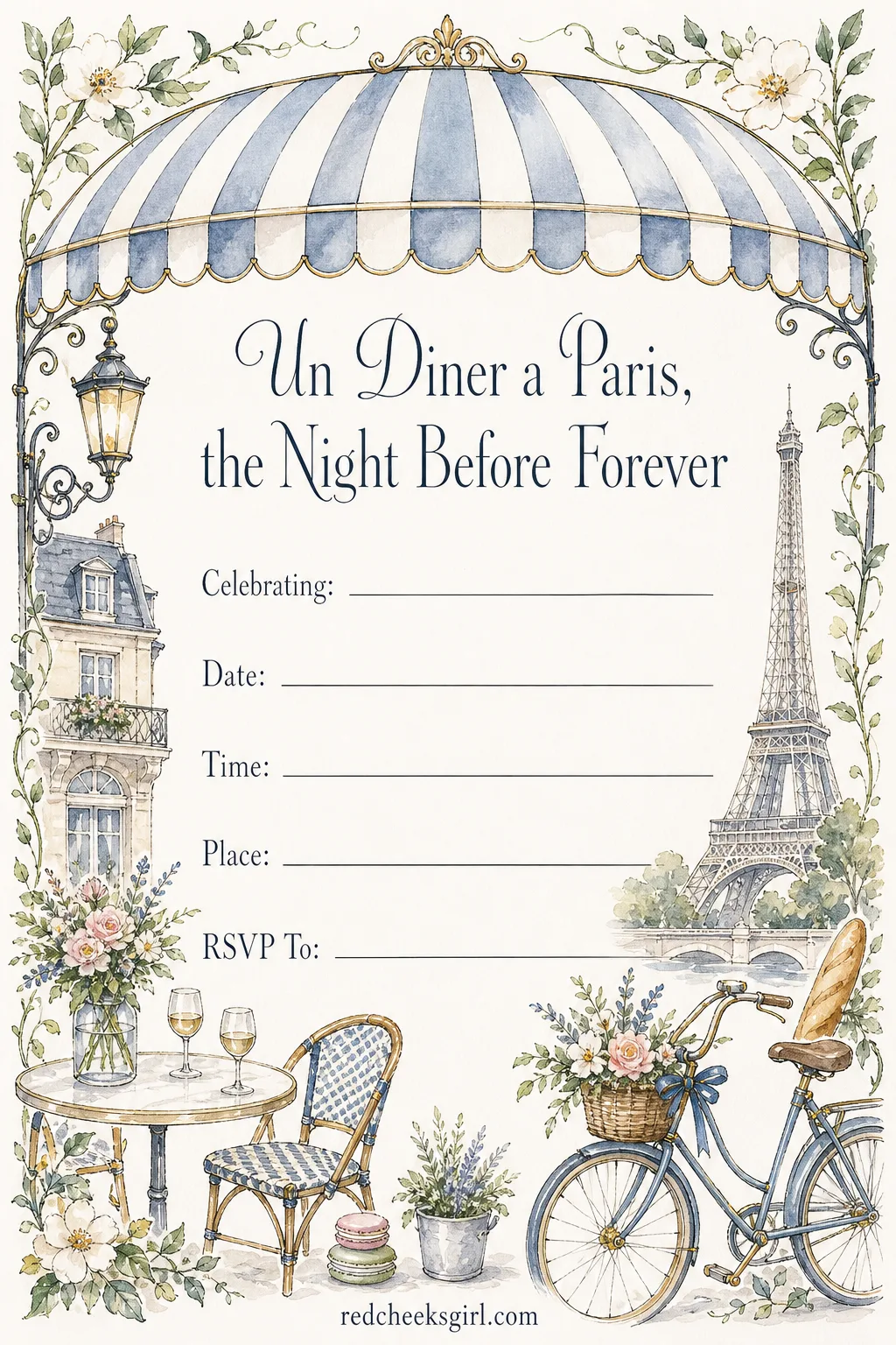 The Parisian Cafe Invitation printable sheet — A Parisian cafe rehearsal dinner is really just good food, good wine, and a striped awning somewhere in the mood