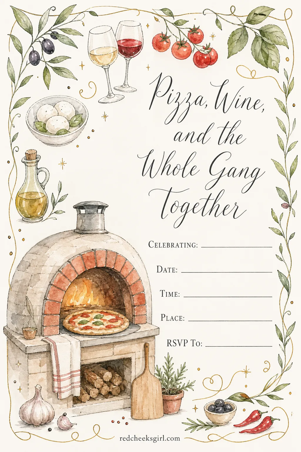 The Pizza Night Invitation printable sheet — A pizza night rehearsal dinner does not pretend to be anything else, and the hand drawn oven makes sure nobody
