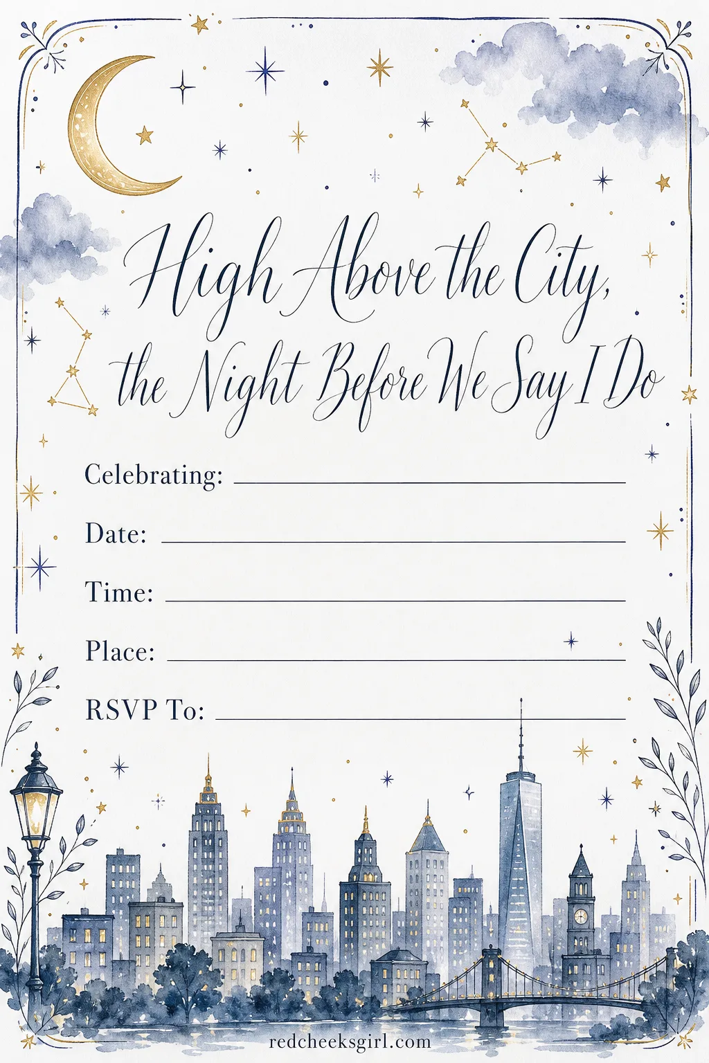 The Rooftop Dinner Invitation printable sheet — Skyline views do not require a skyline wedding, but a rooftop rehearsal dinner wants an invitation that says