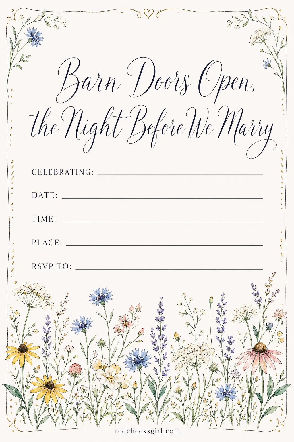 The Rustic Barn Invitation printable sheet — A barn rehearsal dinner already has wildflowers on the tables, so let the invitation carry a few more. Rehearsal