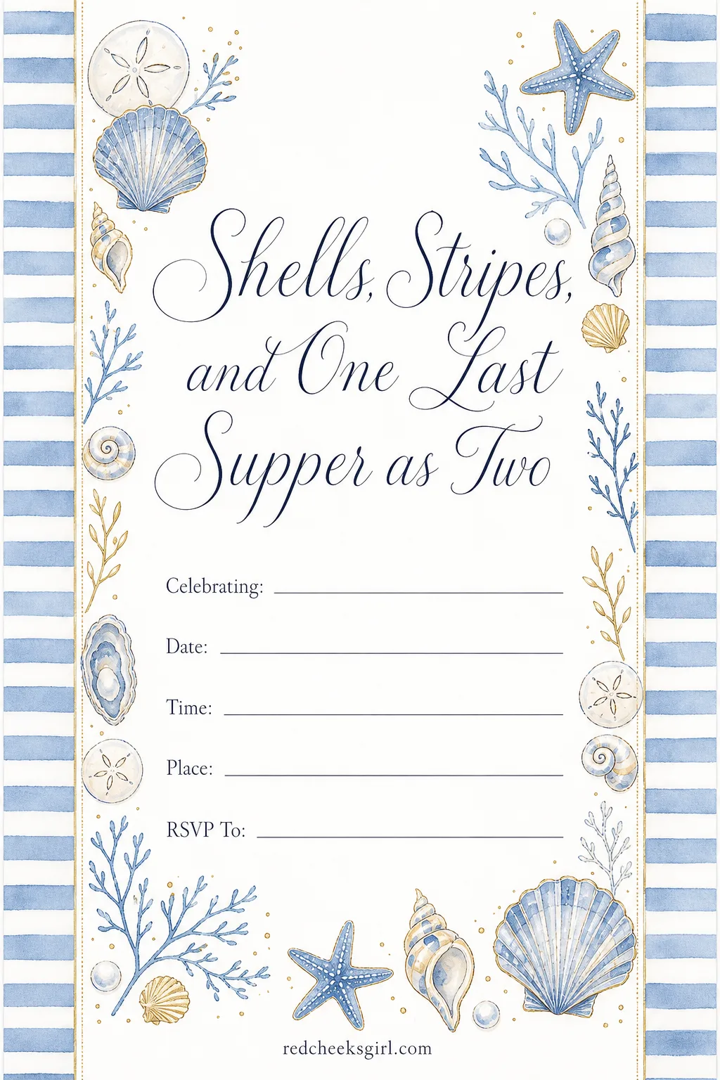 The Seafood Dinner Invitation printable sheet — Order the oysters and let the invitation do the talking, blue and white never needs an ocean view, only a