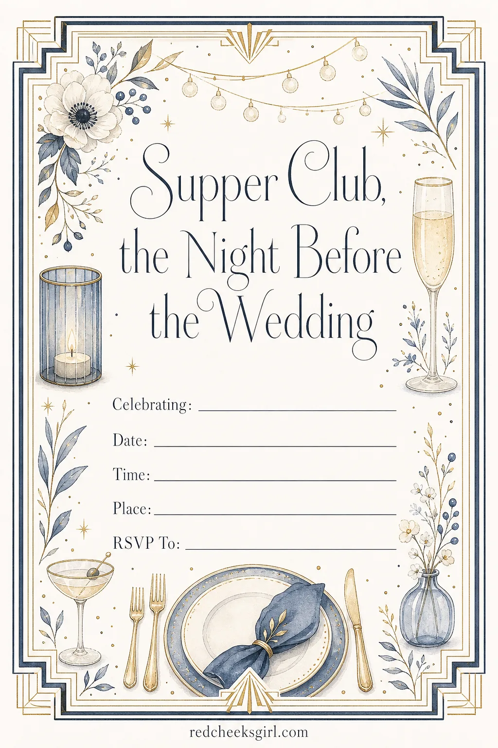 The Supper Club Invitation printable sheet — A supper club rehearsal dinner wants a little theater, the kind of restaurant with a piano and low light, and this