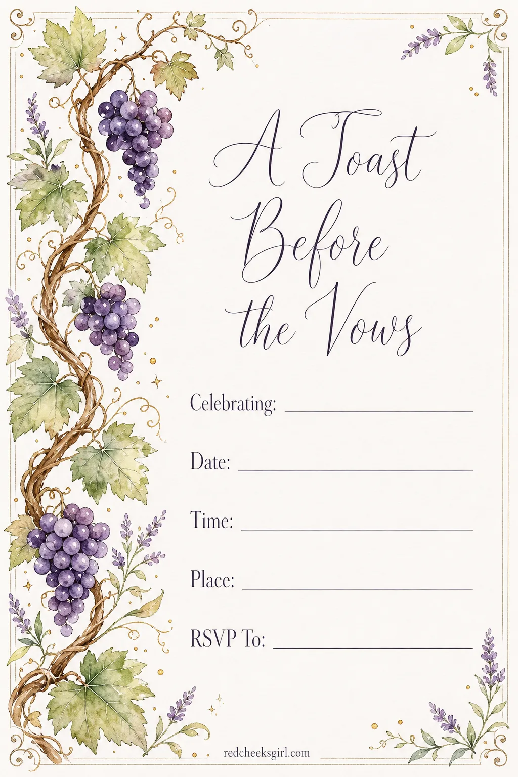 The Wine Tasting Invitation printable sheet — For the couple whose rehearsal dinner doubles as a tasting menu, or who simply met over a glass of something