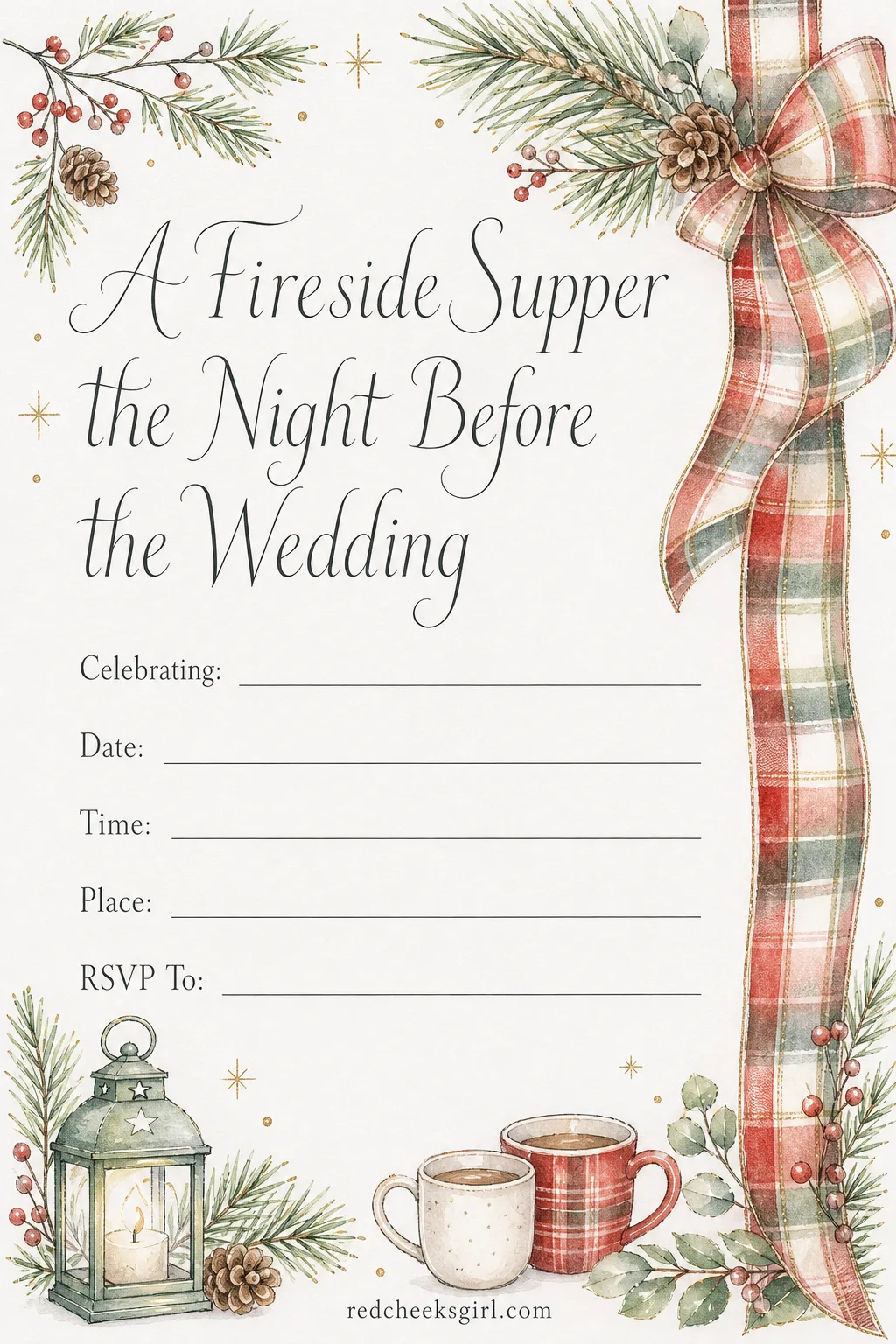 The Winter Dinner Invitation printable sheet — A winter wedding wants its rehearsal dinner to feel like the warm room before tomorrow's cold walk outside, and