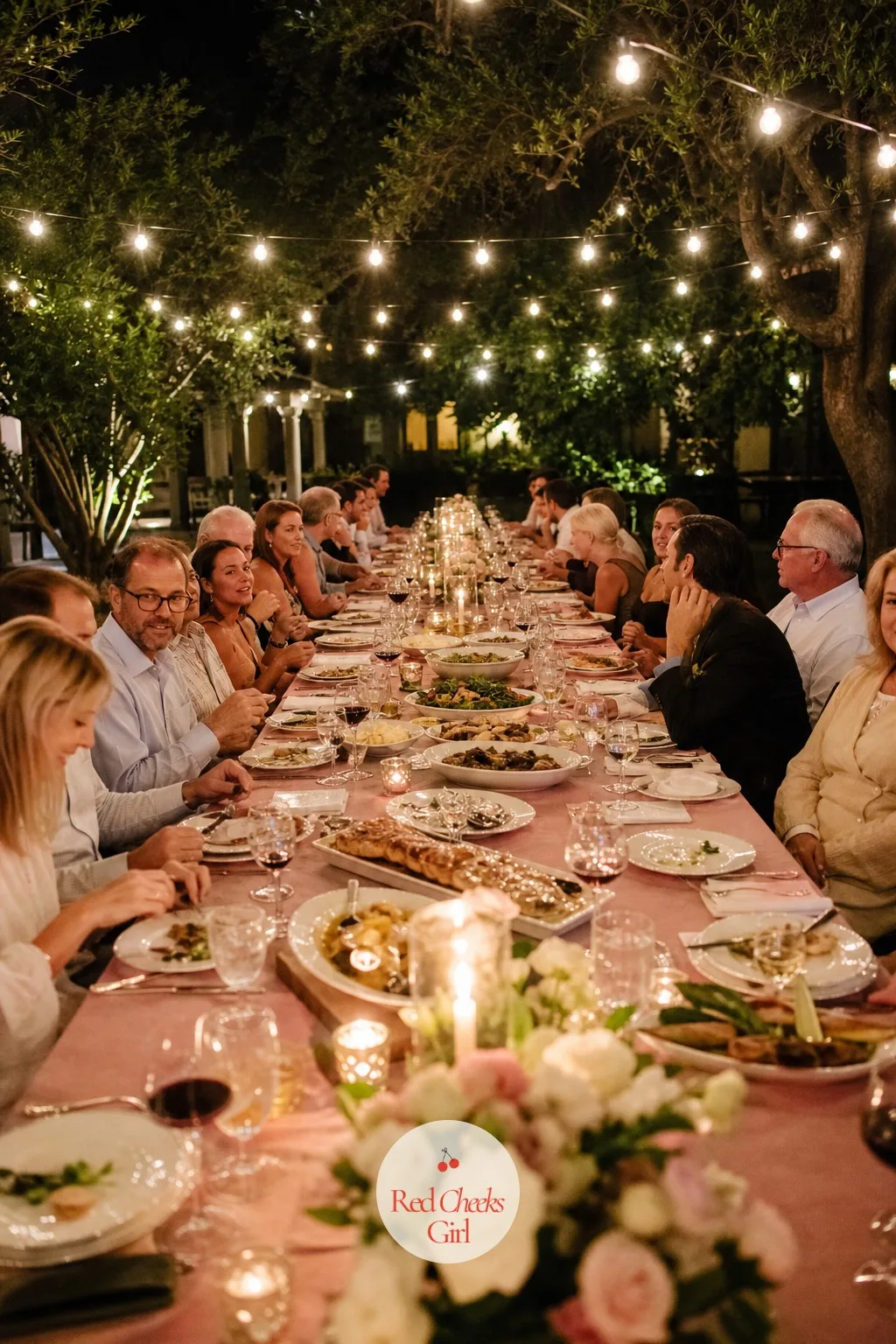 Long Family-Style Table Under String Lights — One long table running the length of a courtyard, platters passed hand to hand, and a canopy of warm bulb lights