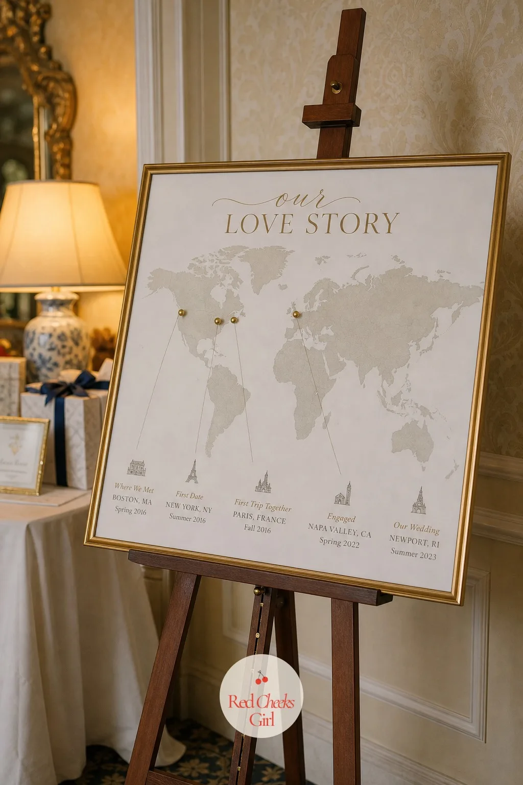 Map of the Couple's Story — A large framed map on an easel, pins marking where they met, where they first lived, where he proposed, gives guests something to