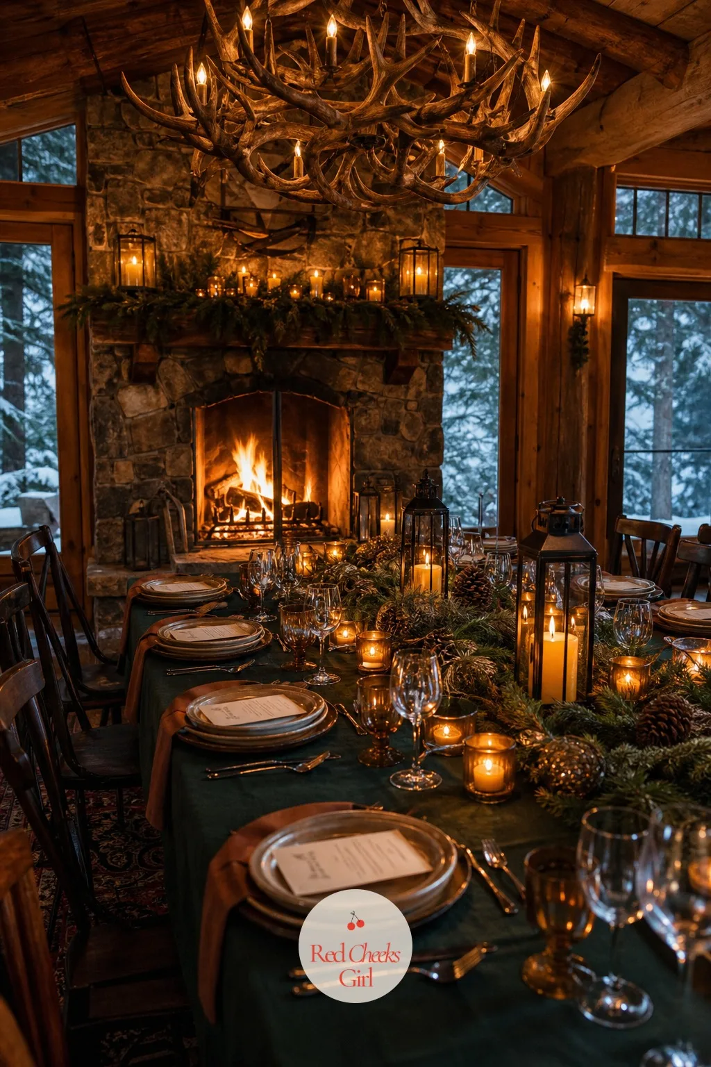 Mountain Lodge Dinner by the Fire — Stone fireplaces, antler chandeliers and timber walls already do the decorating in a lodge, so the table just needs a